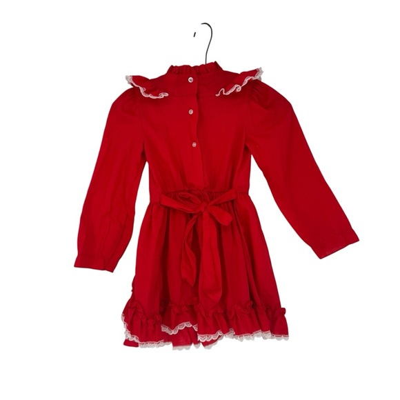 Vintage Disney Winnie the Pooh Red Long Sleeve Ruffle Lace Bow Tie Dress Size 6X - Picture 2 of 12